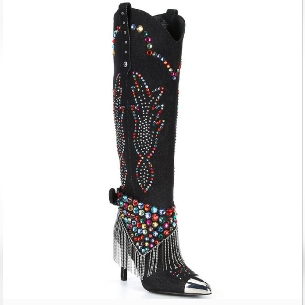 Gianni Bini Women\'s Boots Size 6 M Kaitlin Rhinestone Fringe Denim Cowboy Black